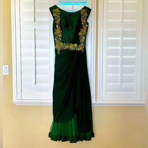 SAREE GOWN - Bottle green pure georgette, rawsilk & net fabric ready to wear.